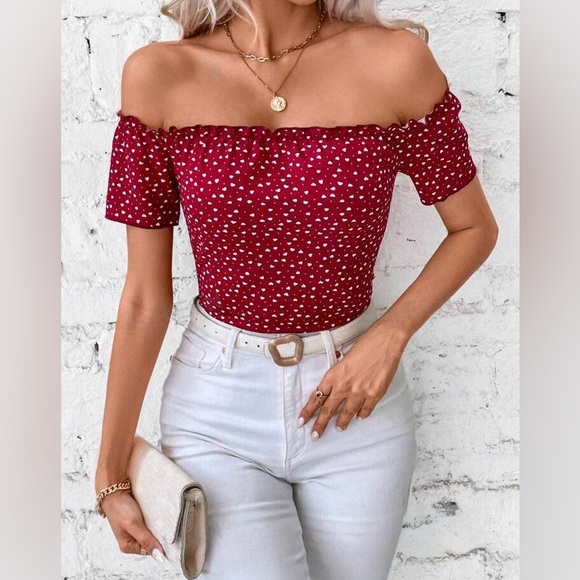 Red off the shoulder polkadot blouse - Picture 1 of 4